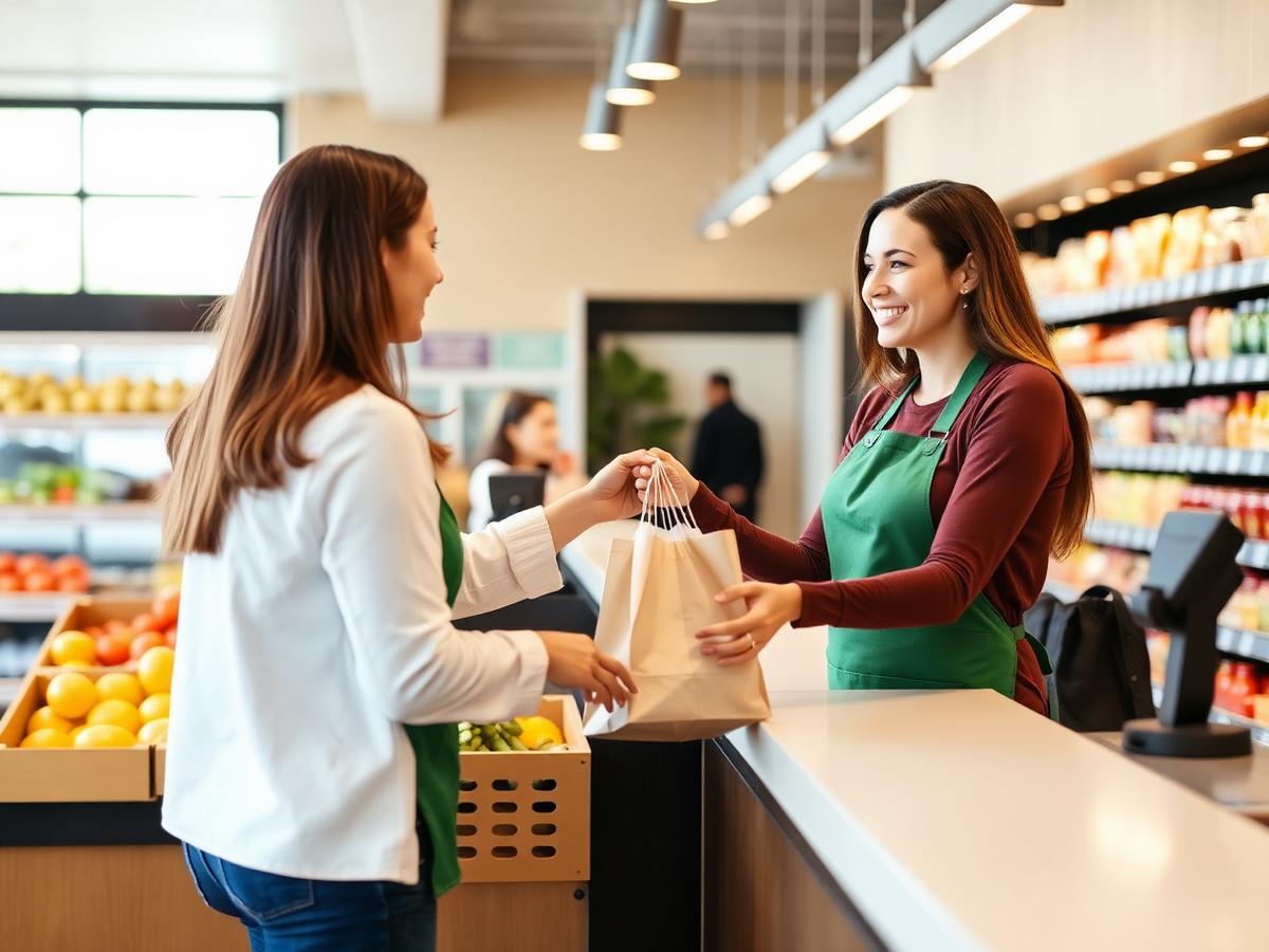 Sakb Supermarket team member handing a grocery bag to a customer