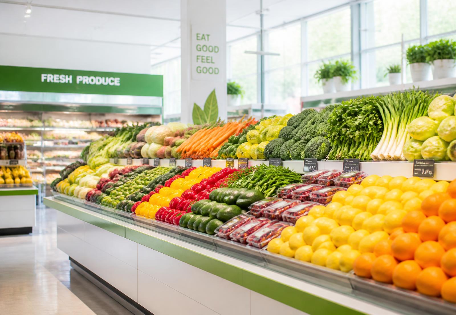 Fresh produce aisle at Sakb Supermarket in Dubai Healthcare City