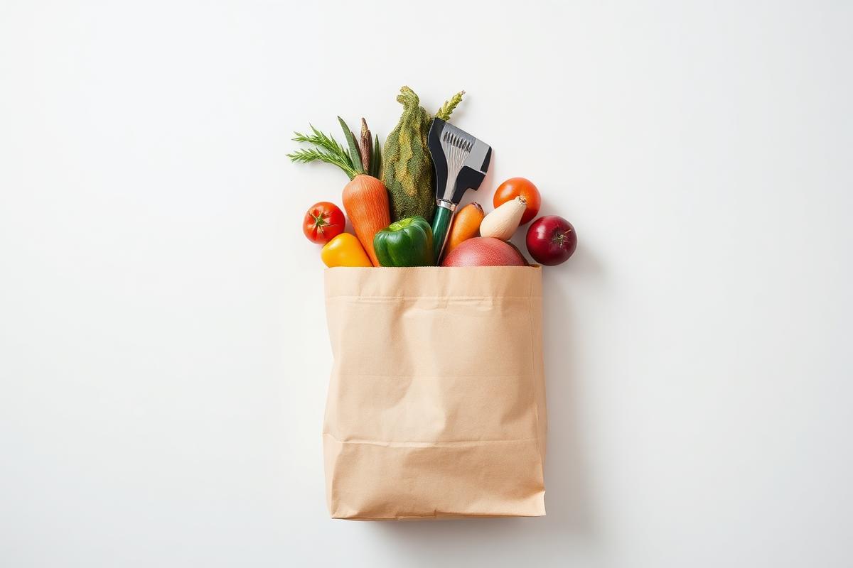 Paper bag filled with fresh groceries
